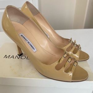 Manolo Blahnik Patent Burta Heels, Women’s 40 | US 10. Color: Camel (Beige)